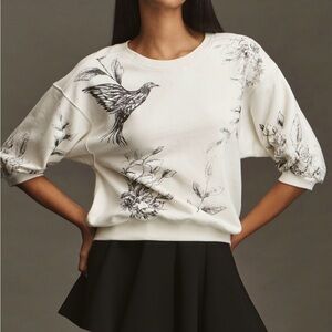Anthropologie White Sweatshirt with Bird and Floral Design